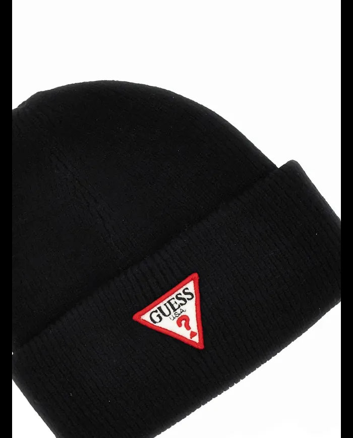 Chapeau BEANIE GUESS pour femme PATCH TRIANGLE AW5234 VIS01 BLA Noir